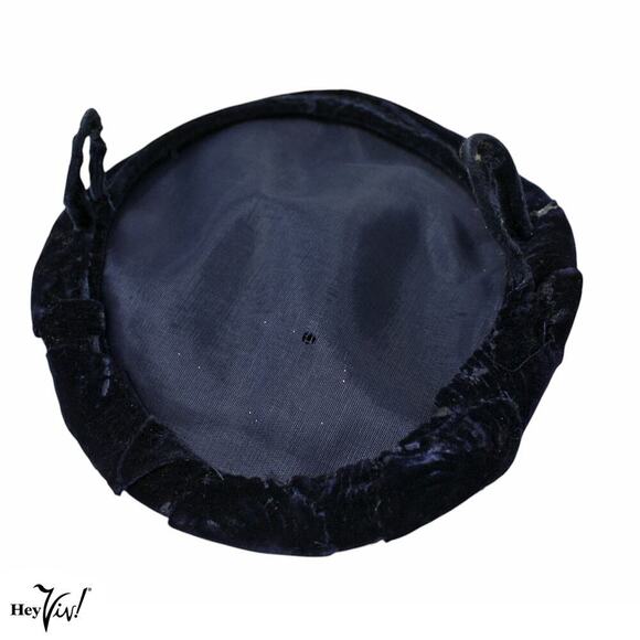 Vintage 1950s Platter Cocktail Hat Blue Velvet w Beads and Rhinestones - Hey Viv - Picture 4 of 7